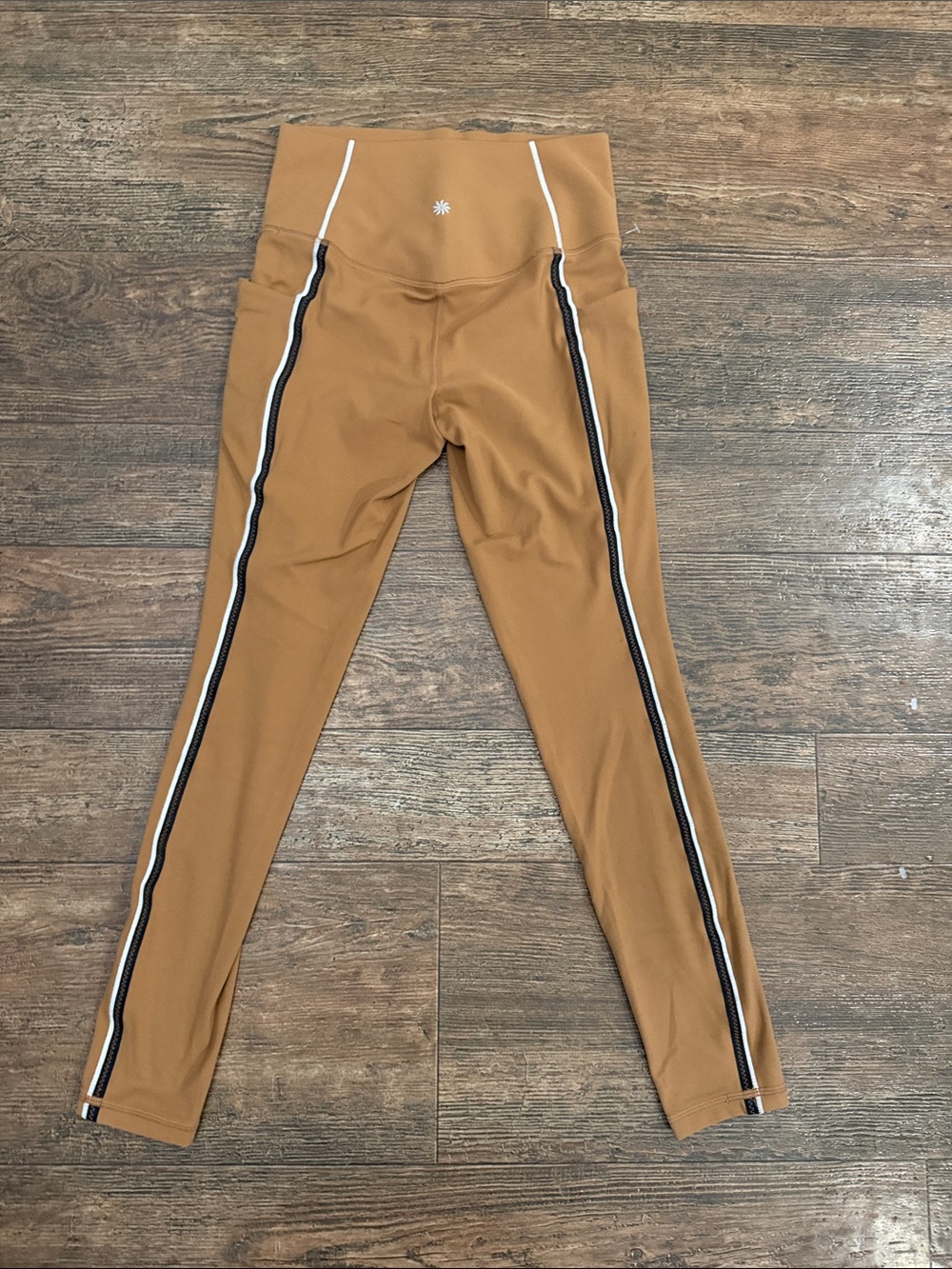 Athleta Salutation Stash Tipped Tight in Camel Brown with Pin Stripes Like New